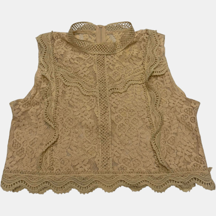 Floral Lace Mock Neck Crop Top Sleeveless Scalloped Hem Beige