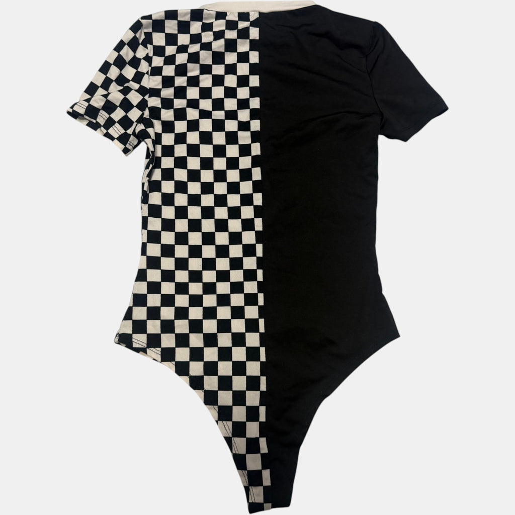 Split Checkered Short Sleeve Bodysuit Crewneck Harajuku Grid