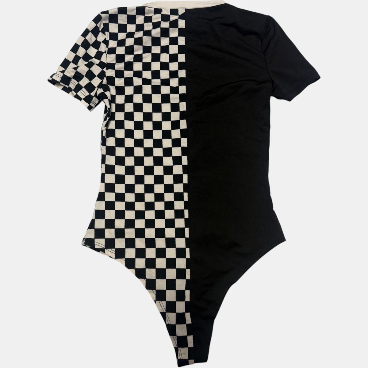 Split Checkered Short Sleeve Bodysuit Crewneck Harajuku Grid