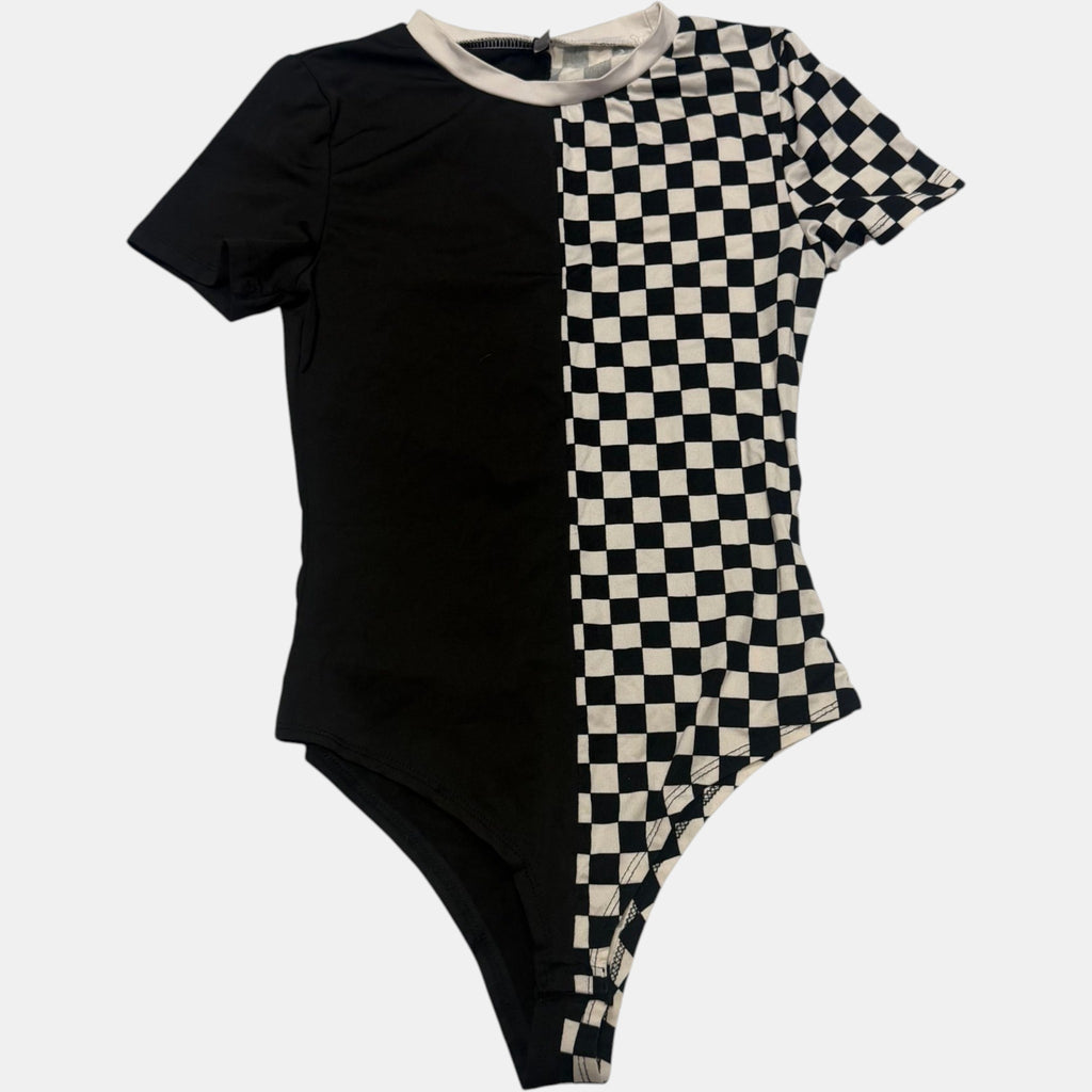 Split Checkered Short Sleeve Bodysuit Crewneck Harajuku Grid