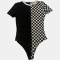 Split Checkered Short Sleeve Bodysuit Crewneck Harajuku Grid